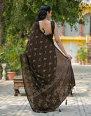 Dark Brown Vichitra Silk Foil Printed Saree