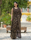 Dark Brown Vichitra Silk Foil Printed Saree