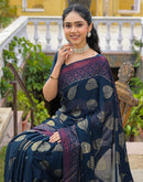 Rama Blue Chiffon Foil Printed Saree