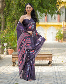 Navy Blue Satin Chiffon Floral Printed Saree