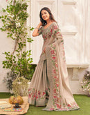 Dark Beige Shimmer Silk Floral Printed Saree
