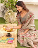 Dark Beige Shimmer Silk Floral Printed Saree