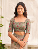 Dark Beige Shimmer Silk Floral Printed Saree