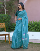 Sky Blue Linen Printed Saree
