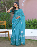 Sky Blue Linen Printed Saree