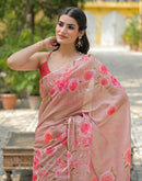 Dusty Peach Linen Floral Printed Saree