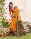 Orange Linen Bandhani Printed Saree 