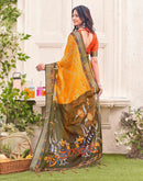 Orange Linen Bandhani Printed Saree 