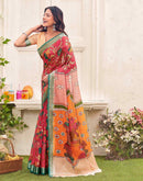 Red Linen Printed Kalamkari Saree 