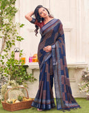 Navy Blue Linen Printed Saree 