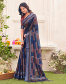 Navy Blue Linen Printed Saree 