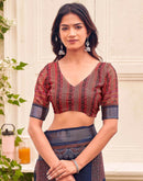 Navy Blue Linen Printed Saree 