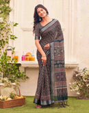 Dark Grey Linen Printed Saree 