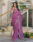 Dark Mauve Shimmer Georgette Embroidery Lace Saree