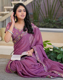 Dark Mauve Shimmer Georgette Embroidery Lace Saree