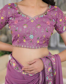 Dark Mauve Shimmer Georgette Embroidery Lace Saree