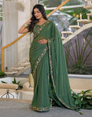 Light Green Shimmer Georgette Embroidery Lace Saree