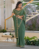 Light Green Shimmer Georgette Embroidery Lace Saree