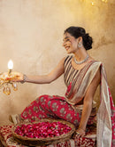 Coral Red Linen Printed Saree