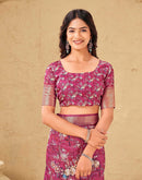 Magenta Silk Floral Printed Woven Border Saree