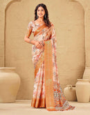 Peach Silk Printed Woven Border Saree