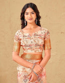 Peach Silk Printed Woven Border Saree