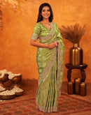 Pista Green Silk Woven Embroidery Stone Work Embellished Saree