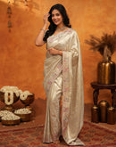 Beige Silk Woven Embroidery Stone Work Embellished Saree