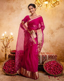 Rani Pink Organza Woven Border Saree