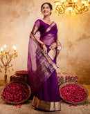 Dark Purple Organza Woven Border Saree