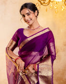 Dark Purple Organza Woven Border Saree