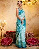 Light Mint Blue Crepe Silk Foil Printed Saree