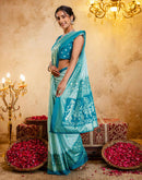 Light Mint Blue Crepe Silk Foil Printed Saree