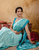 Light Mint Blue Crepe Silk Foil Printed Saree