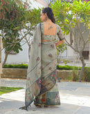 Ash Grey Linen Floral Printed Saree