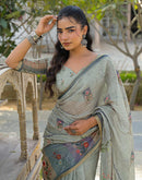 Ash Grey Linen Floral Printed Saree