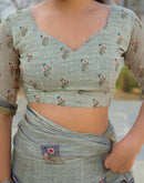Ash Grey Linen Floral Printed Saree