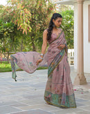 Mauve Linen Floral Printed Saree