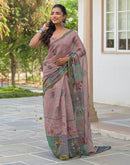 Mauve Linen Floral Printed Saree