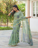 Dusty Green Linen Floral Printed Saree