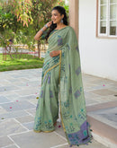 Dusty Green Linen Floral Printed Saree