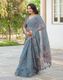 Dusty Blue Linen Floral Printed Saree