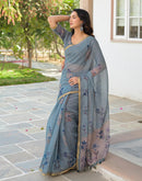 Dusty Blue Linen Floral Printed Saree