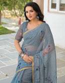 Dusty Blue Linen Floral Printed Saree