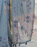 Dusty Blue Linen Floral Printed Saree