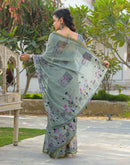 Sage Green Linen Floral Printed Saree