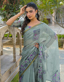 Sage Green Linen Floral Printed Saree