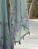 Sage Green Linen Floral Printed Saree