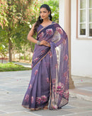 Dusty Purple Linen Floral Printed Saree