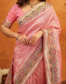 Light Pink Silk Woven Embroidery Stone Work Banarasi Saree